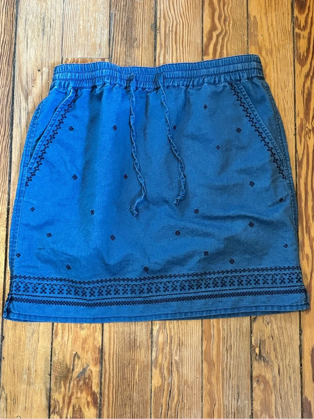 J. Crew Blue Embroidered Drawstring Mini Skirt